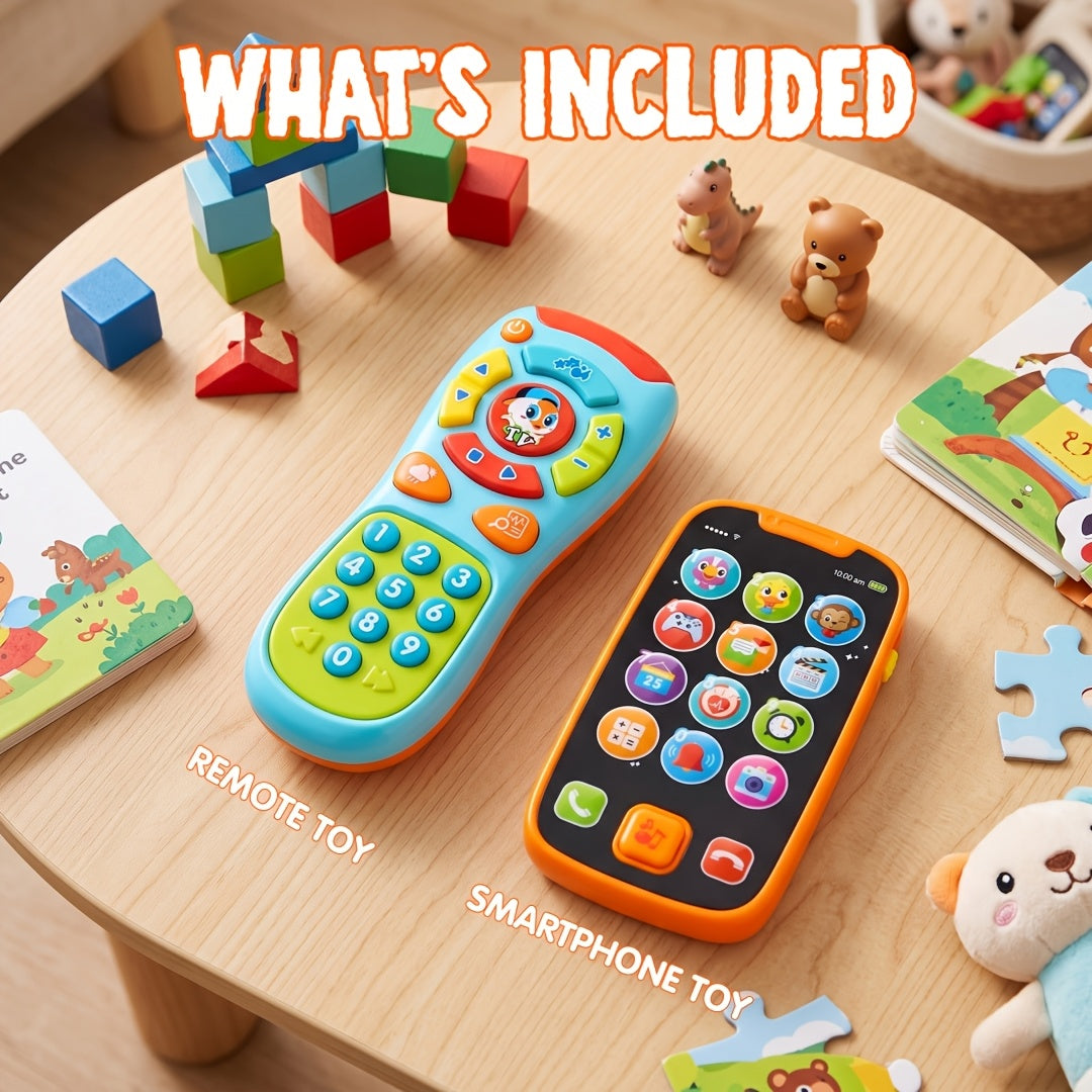 Baby Learning Phone and Remote Toy Set – Pretend Play Smartphone with Music & Sounds for Toddlers Infants, Educational Baby Toy Gift Boys Girls 6-18 Months