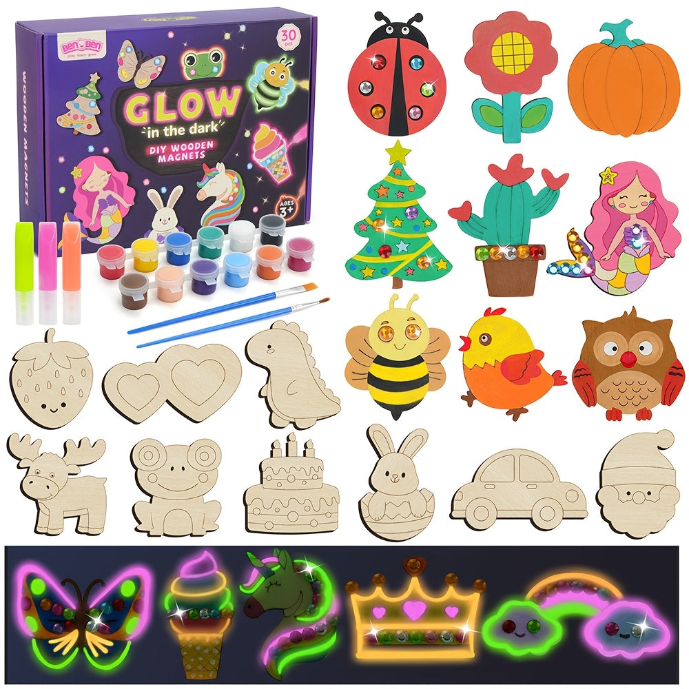DIY Wooden Fridge Magnets Painting Kit for Kids 30pcs – Wood Craft Set with Glow in the Dark Paint, Art Supplies, Party Favors Gift for Boys Girls