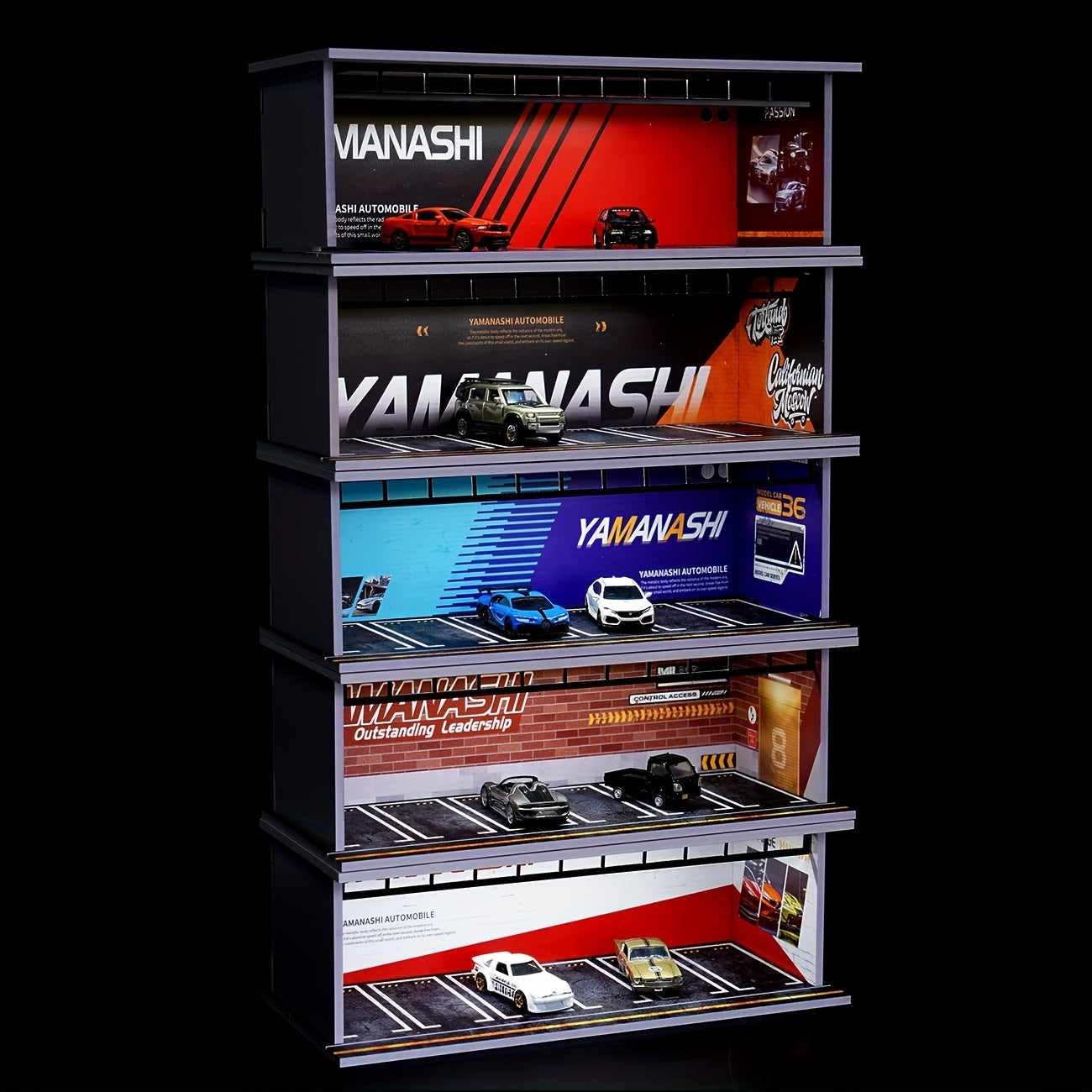 Diecast Display Case 1/64 Scale with LED Light & Acrylic Cover, 6-Space Parking Garage Diorama for Die-Cast Model Cars, Collector Showcase Gift for Car Enthusiasts