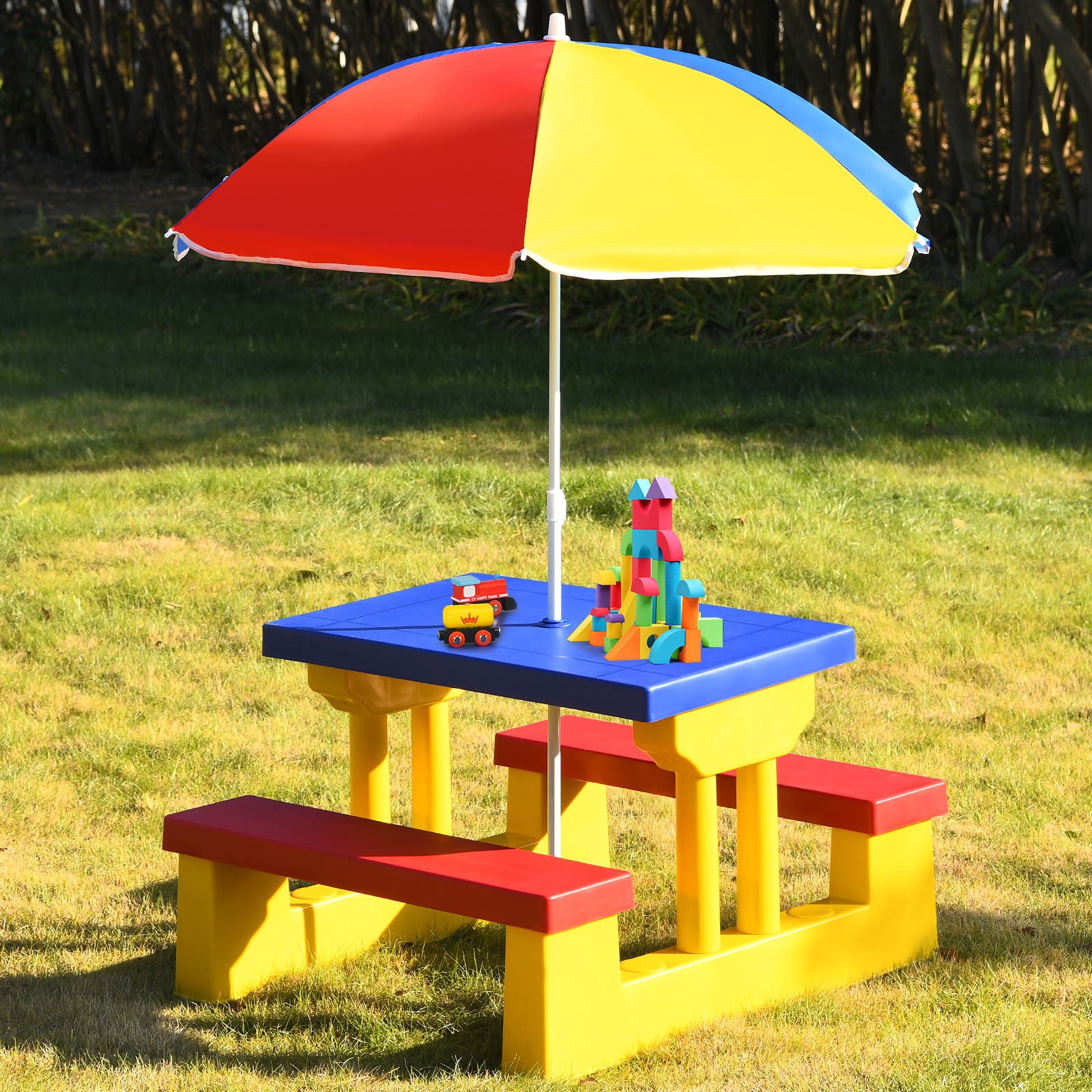 Kids Picnic Table Set with Removable Umbrella Outdoor Indoor 4-Seat Rainbow Colorful PP Toddler Garden Patio Furniture Birthday Gift