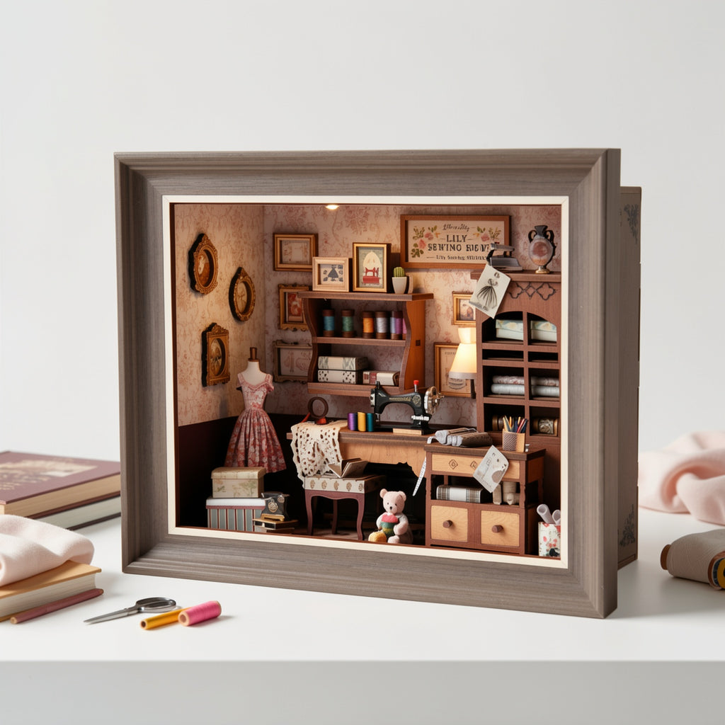 Book Nook Kit Sewing House 3D Wooden Puzzle Bookshelf Insert with LED – Miniature Model Building Kit, Cool Room Decor & Birthday Gift for Adults & Teens (Fireplace or Dwarf Style)