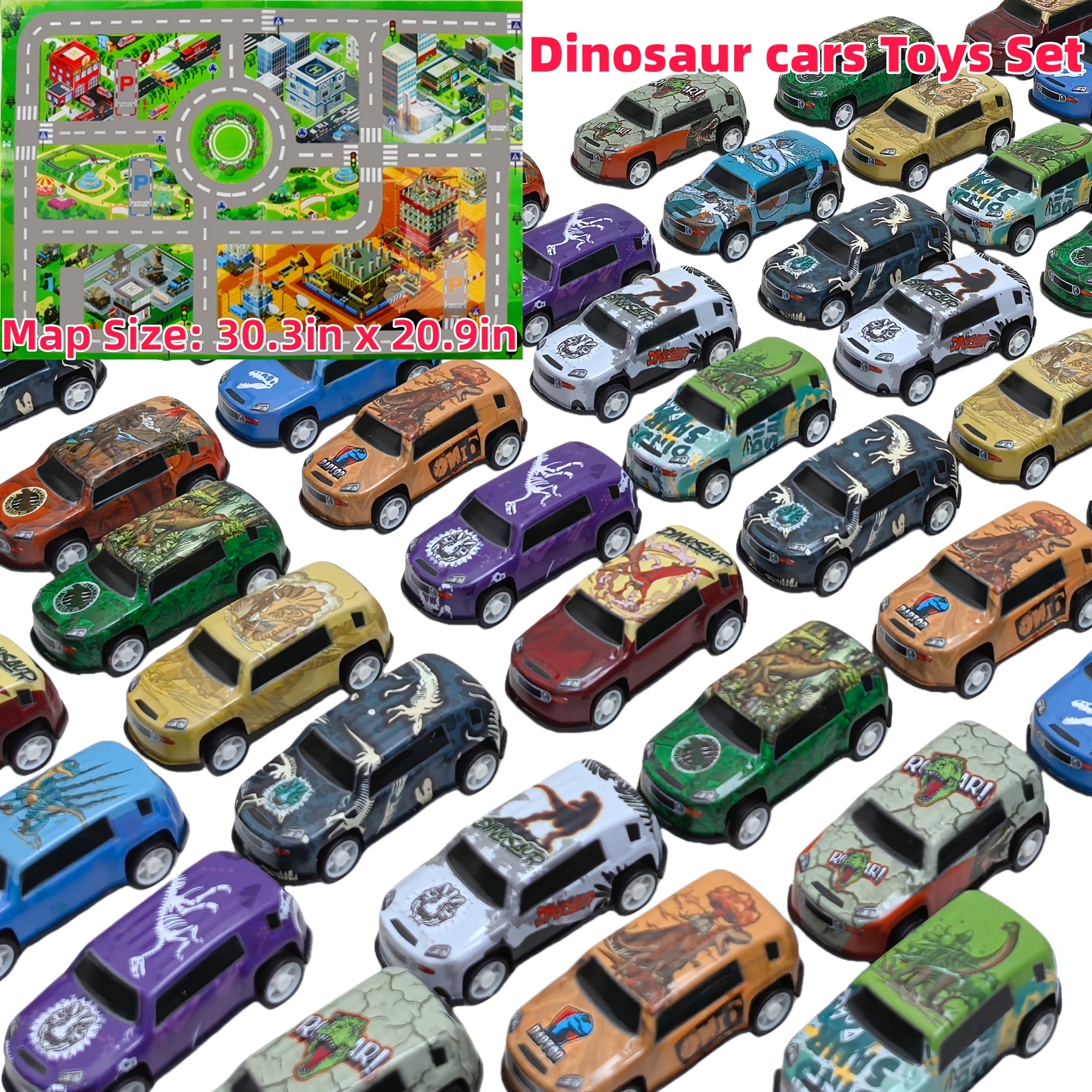 Dinosaur Toy Car Set 29-30pcs Pull Back Mini Racing Cars with City Traffic Map T-Rex Spinosaurus Figures No Battery Kids Party Favors Boys Girls Ages 3+ Gift