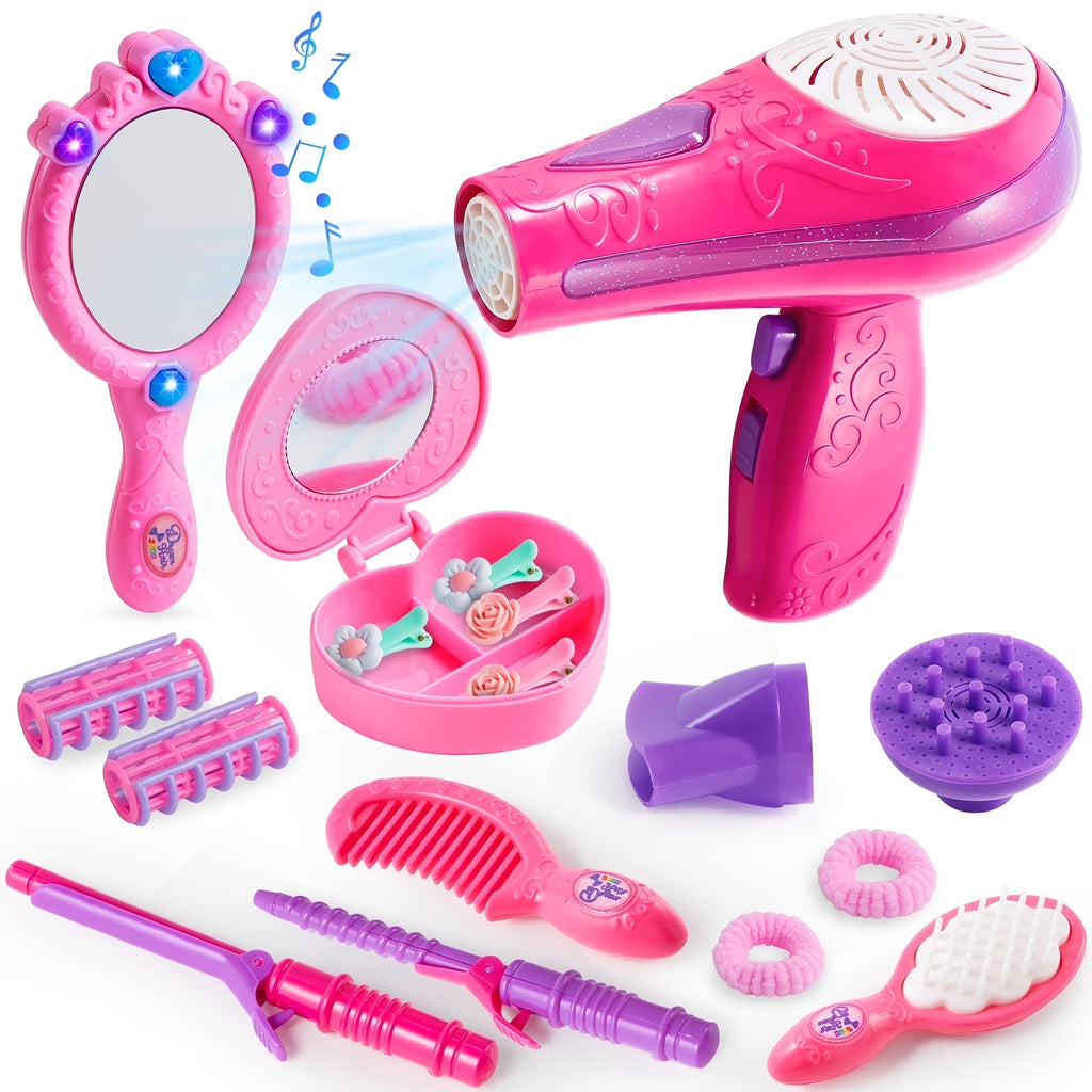Girls Beauty Salon Set 17pcs Pretend Play Hair Stylist Toy Kit with Hairdryer Mirror Curling Iron Kids Ages 3+ Birthday Christmas Gift