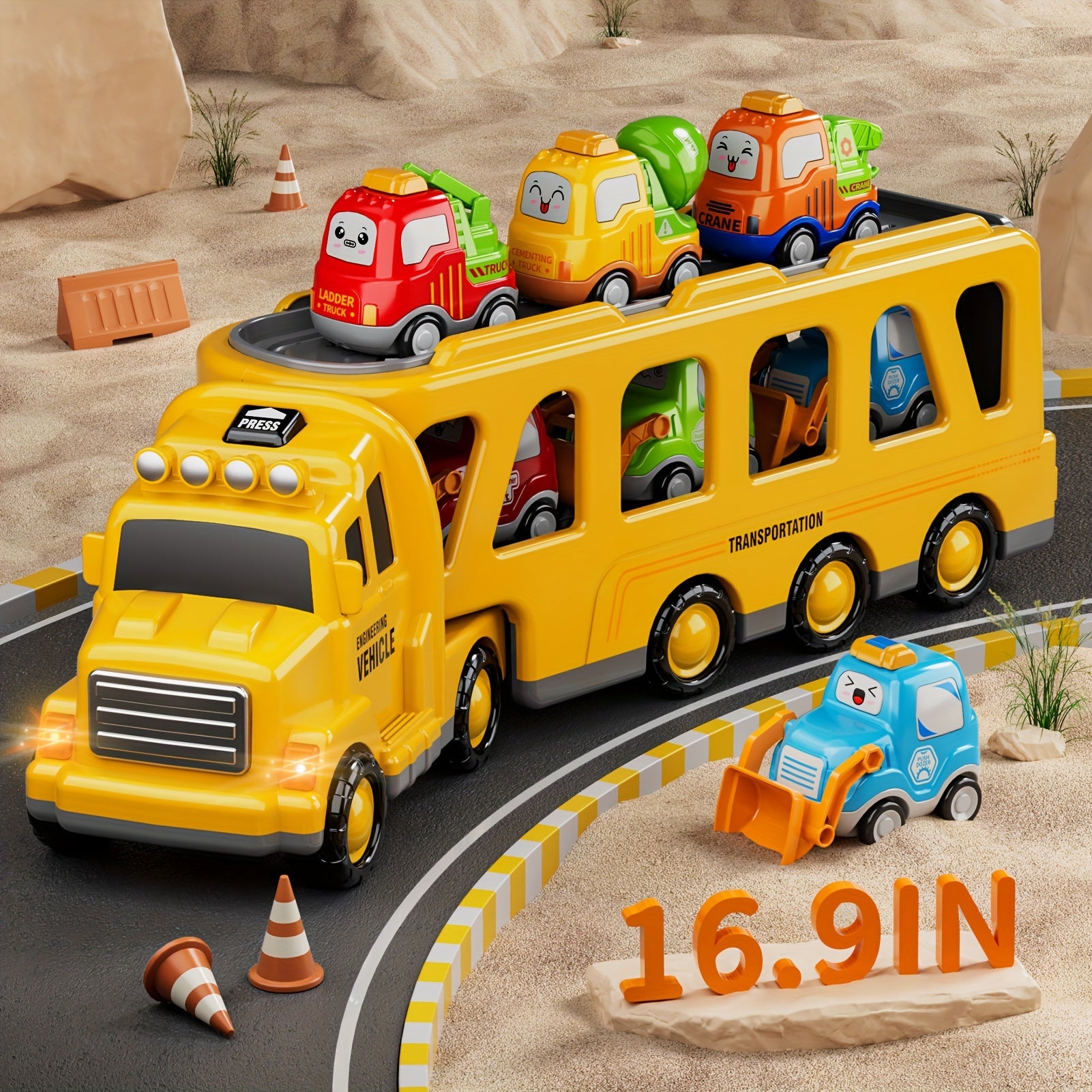 Transport Carrier Truck Toy 16.9 Inch with 6 Mini Cars Lights Sounds Construction Vehicle Playset for Kids Boys Girls Toddlers Ages 3+ Birthday Christmas Gift