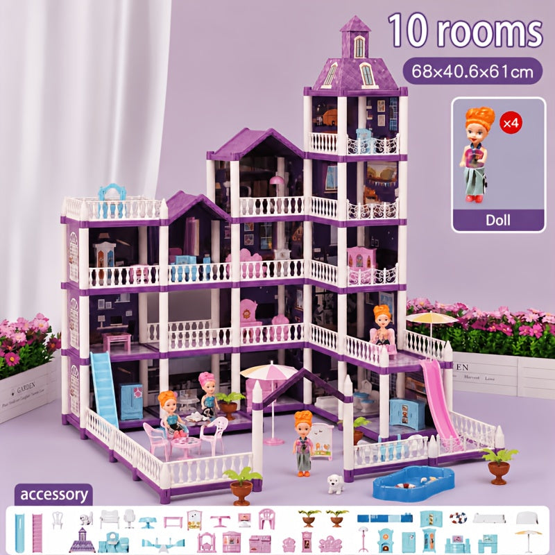 Dollhouse for Girls Ages 3-10 with Doll Figures Puppies Furniture Accessories LED Light - 6 to 16 Room Purple Playhouse, Imaginative Pretend Play Toy, Birthday Christmas Easter Gift for Girls