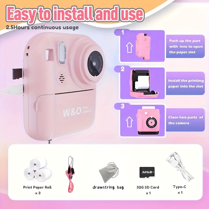 Kids Instant Print Camera 3-in-1 with MP3 Player & Puzzle Games - 2.4'' HD Screen Portable Digital Camera Toy with Print Paper 32GB Card Reader Lanyard Storage Bag Birthday Gift for Girls Boys