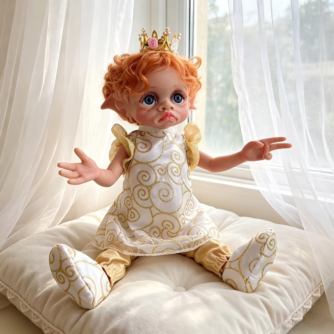 Fairy Elf Reborn Doll 15 Inch Fully Hand Painted Soft Vinyl – Poseable Bathable Rooted Hair Collectible Art Doll with Crown Halloween Christmas Easter Birthday Gift