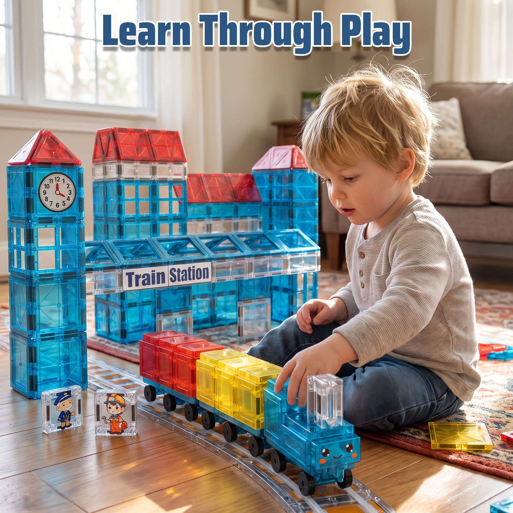 Magnetic Train Station Building Set 60pcs with Railway Tracks Train Clock Tower Trees STEM Educational Toy for Toddlers Kids Ages 3 4 5 6 - Gift