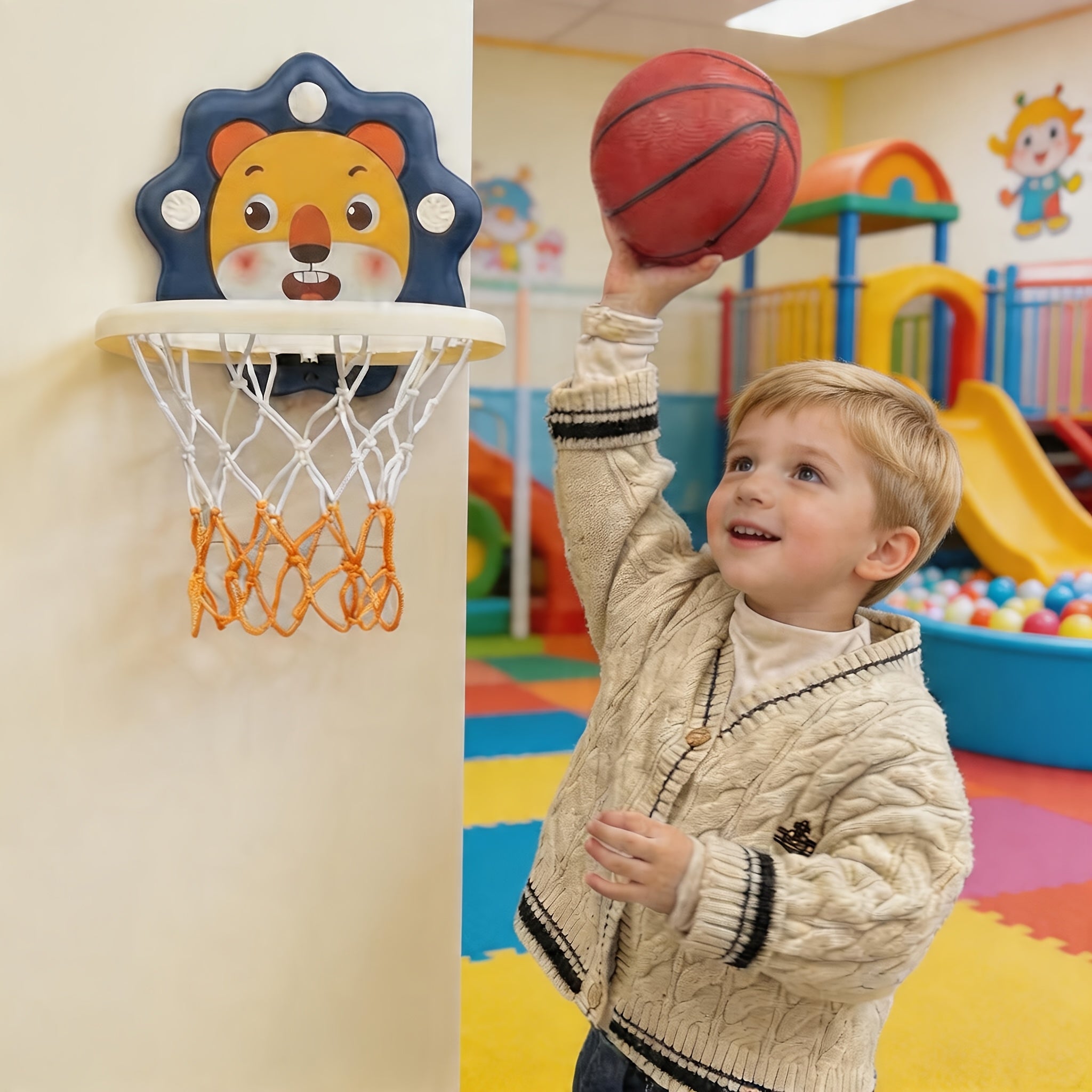 Kids Basketball Hoop Wall Mounted Indoor – Cartoon Lion Game Set with Ball & Pump for Playroom Bedroom, Fun Sports Toy Gift for Boys Girls Toddlers Ages 3+