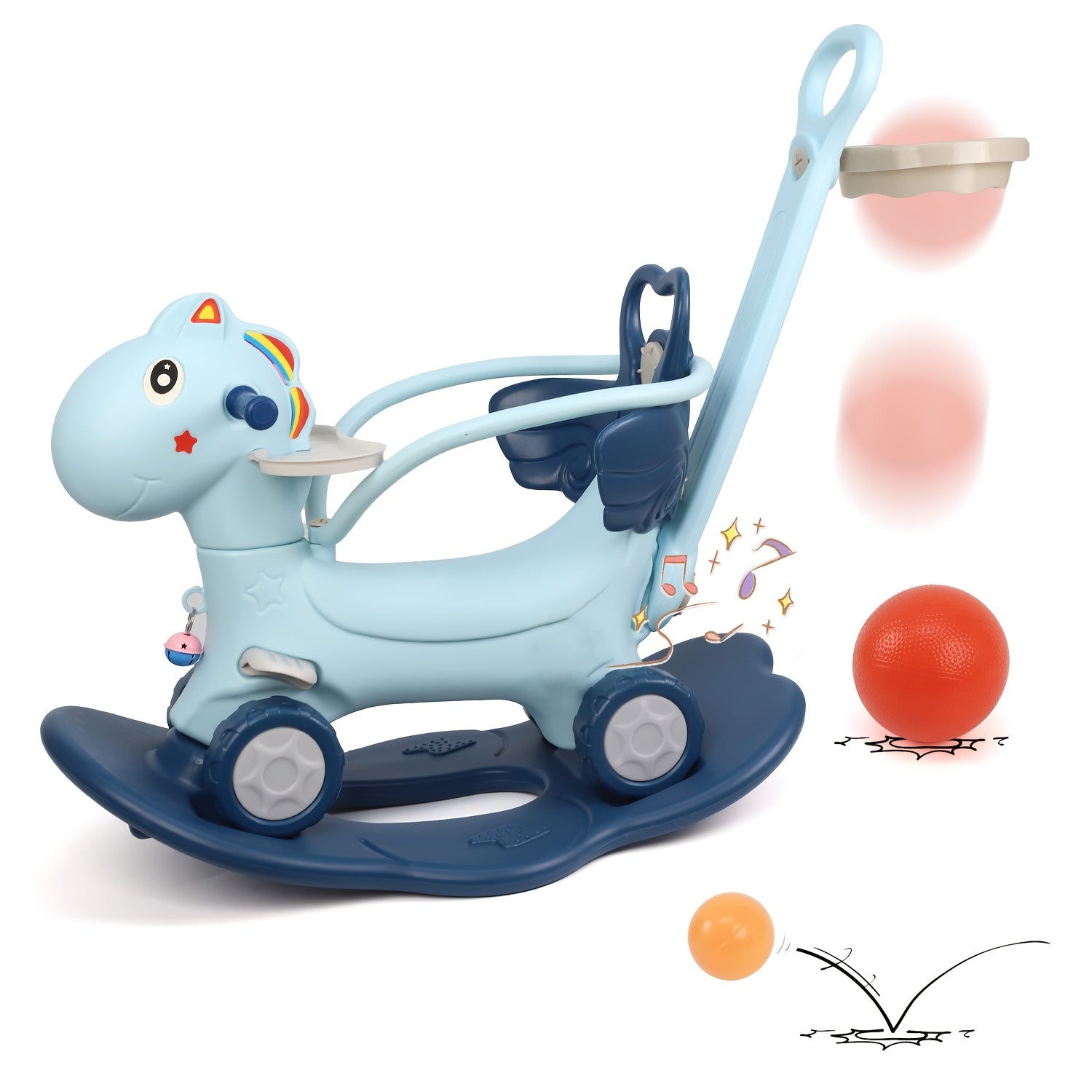 4-in-1 Rocking Horse with Basketball Hoop & Safety Push Rod for Toddlers 1+ – Ride-On Bike, Balance Bike & Balance Board, Indoor Outdoor Baby Balance Toy, Birthday Gift Boys & Girls