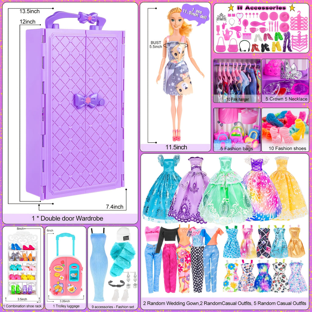 Fashion Doll Closet Playset 108pcs – 11.5 Inch Poseable Doll Wardrobe Wedding Gowns Shoes Handbags Crowns Accessories Gift for Girls Ages 6-12 Birthday Christmas