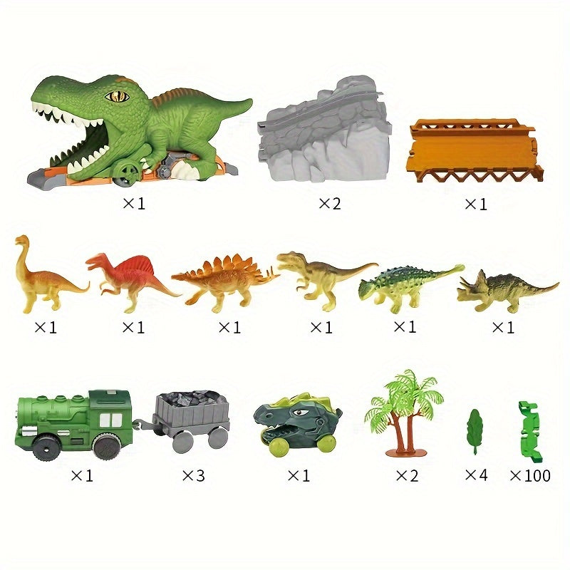 121-Piece Electric Dinosaur Track Train Set – Dinosaur Swallowing Car Sliding Track with Electric Train, Fun Dinosaur Toy Car Combination Playset for Kids Boys and Girls