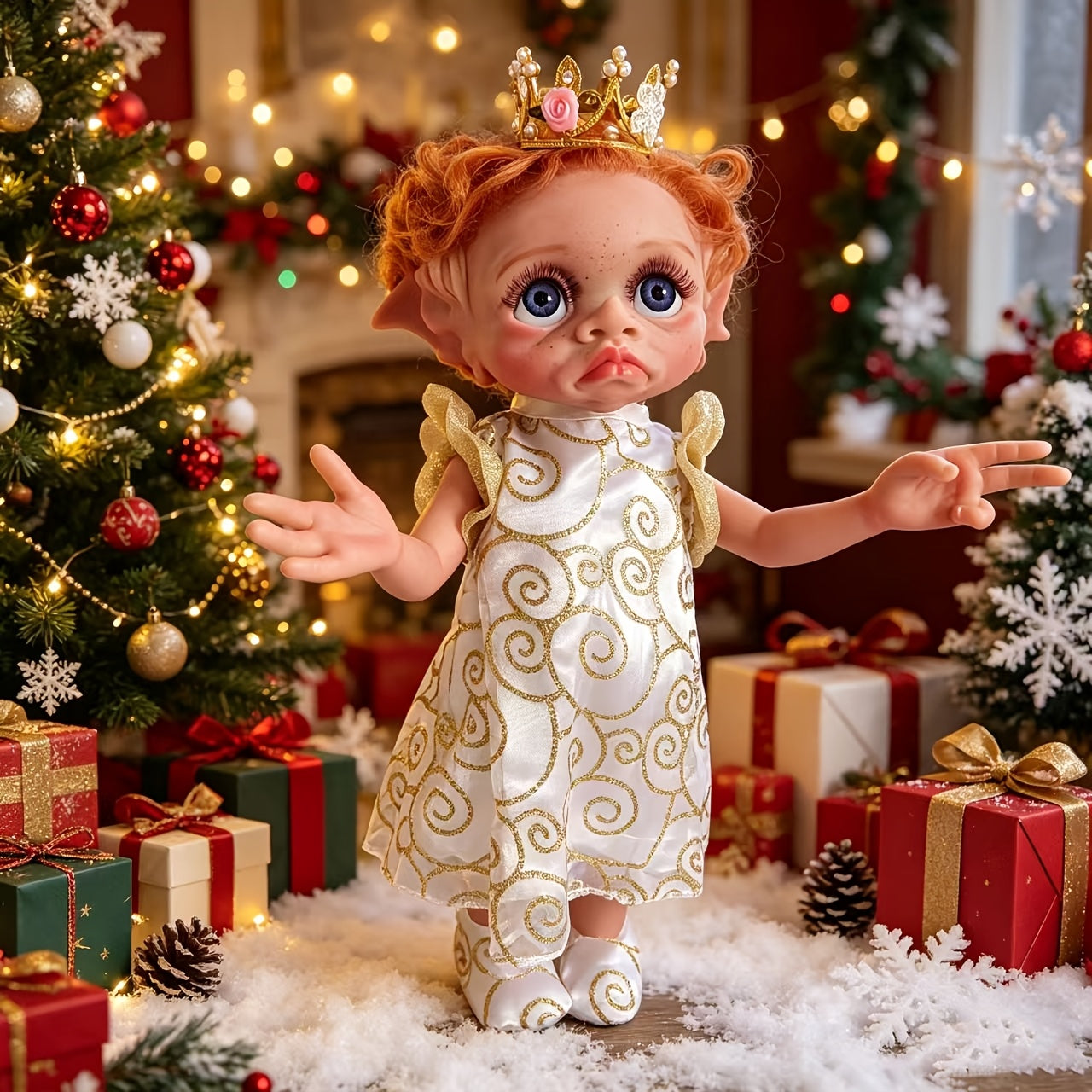 Fairy Elf Reborn Doll 15 Inch Fully Hand Painted Soft Vinyl – Poseable Bathable Rooted Hair Collectible Art Doll with Crown Halloween Christmas Easter Birthday Gift