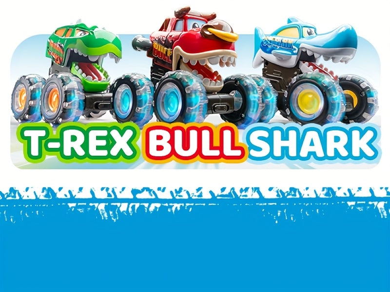 Monster Truck Toys for Toddlers 3 Pack – LED Light-Up Animal Trucks with Press & Go, Chomping Action – Shark, Bull & T-Rex Glow Cars, Easter Birthday Gift for Boys & Girls Ages 1.5+