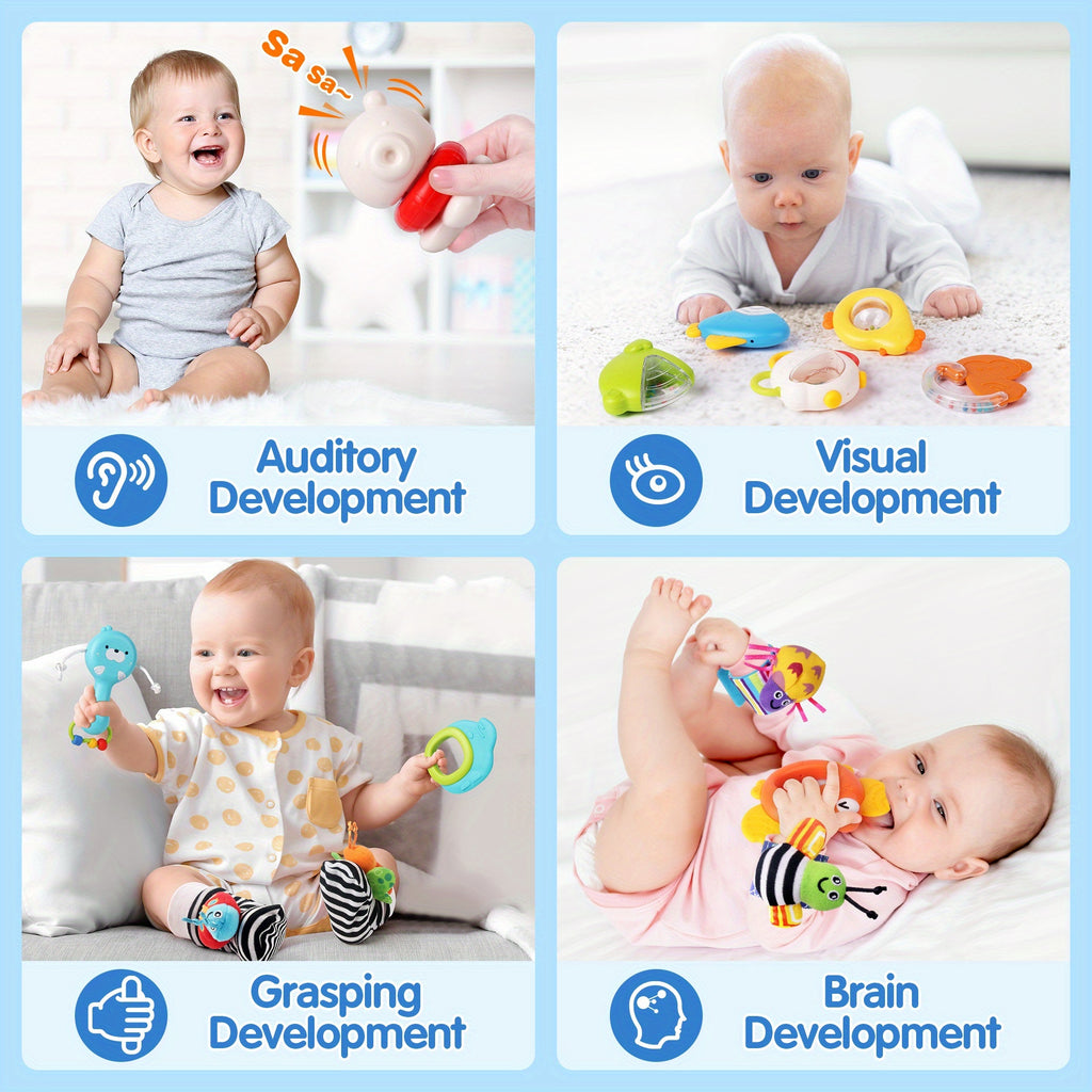 Newborn Sensory Toy Set 13 Pcs Baby Rattle Gift – Wrist & Foot Finders, Teethers & Rattles for Infants 0+, Baby Shower Gift, Stocking Stuffer for Boys & Girls