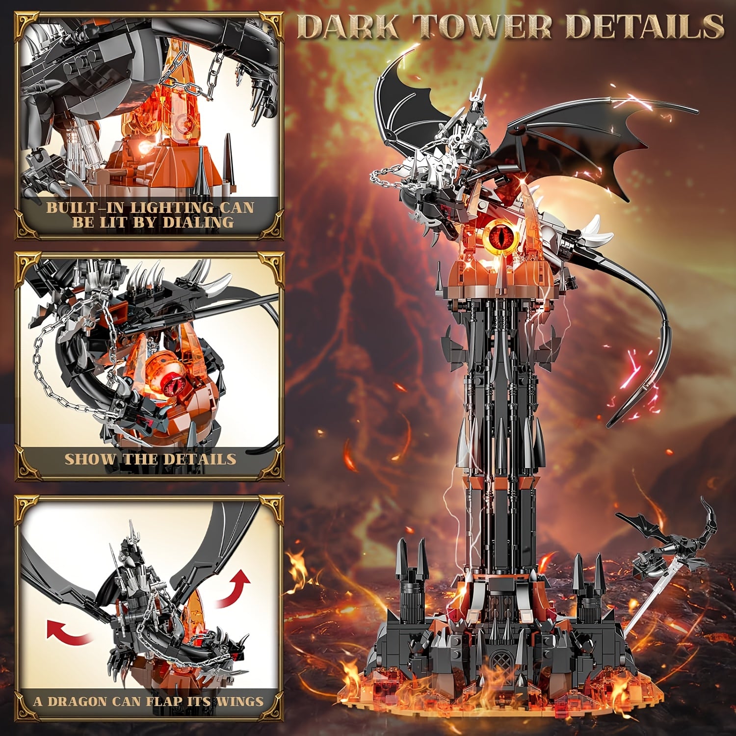 Dragon Castle Building Blocks Set, Black Dragon Guardian Tower Assembly Model with Magic Dark Architecture, Creative STEM Building Toy for Kids, Halloween Birthday Christmas Gift