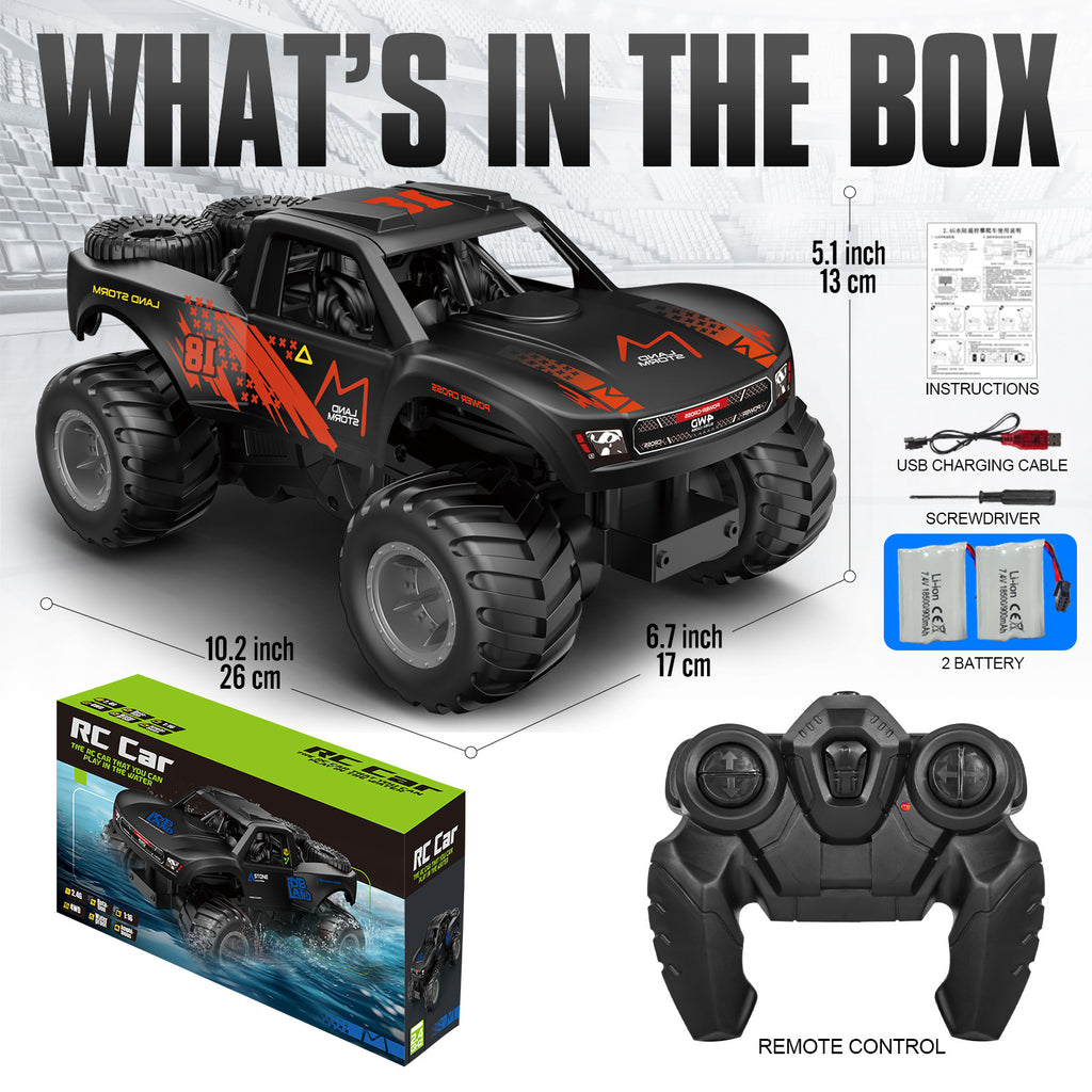 Amphibious RC Monster Truck 1:16 Scale 4WD Waterproof - 2 Rechargeable Batteries, All Terrain Off-Road RC Car for Kids Boys Ages 4-7, Birthday Gift