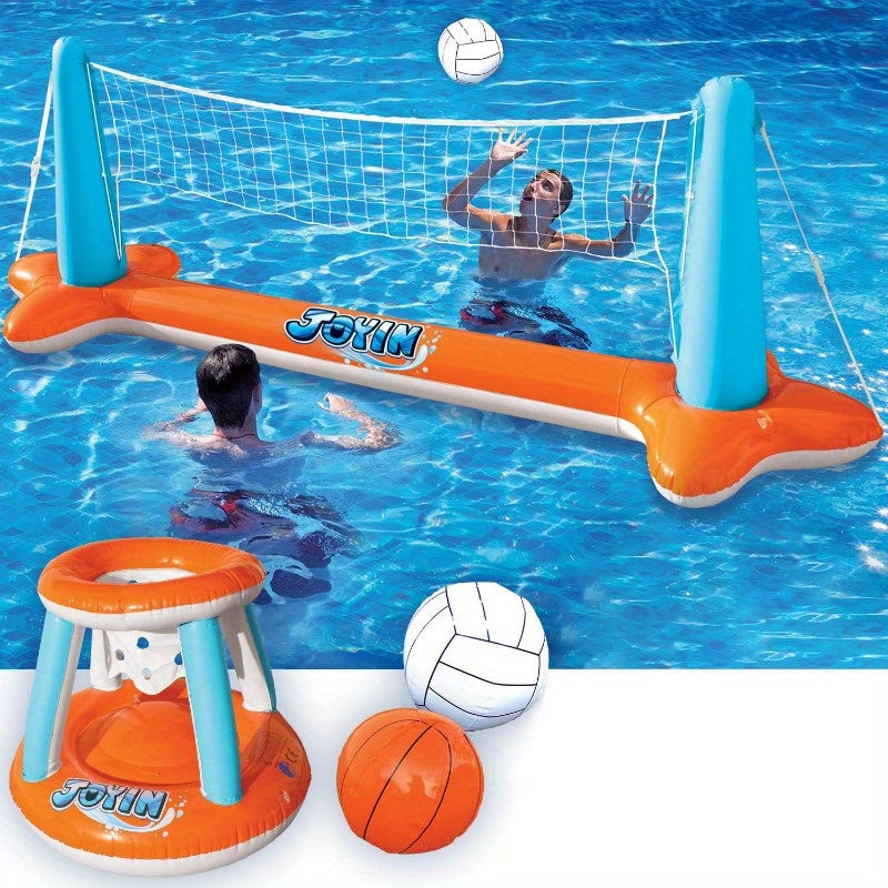 Inflatable Pool Float Set Volleyball Net & Basketball Hoops Swimming Pool Games for Kids Adults Summer Party Floaties Outdoor Water Sports Toy Orange