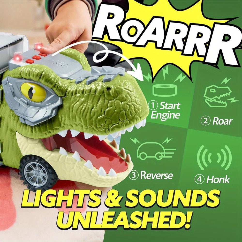 Dinosaur Truck Toy Set 13-in-1 for Kids – Transport Carrier with Sound & Lights, 12 Pull-Back Dino Cars & Helicopter, Birthday Gift for Boys Ages 3 4 5