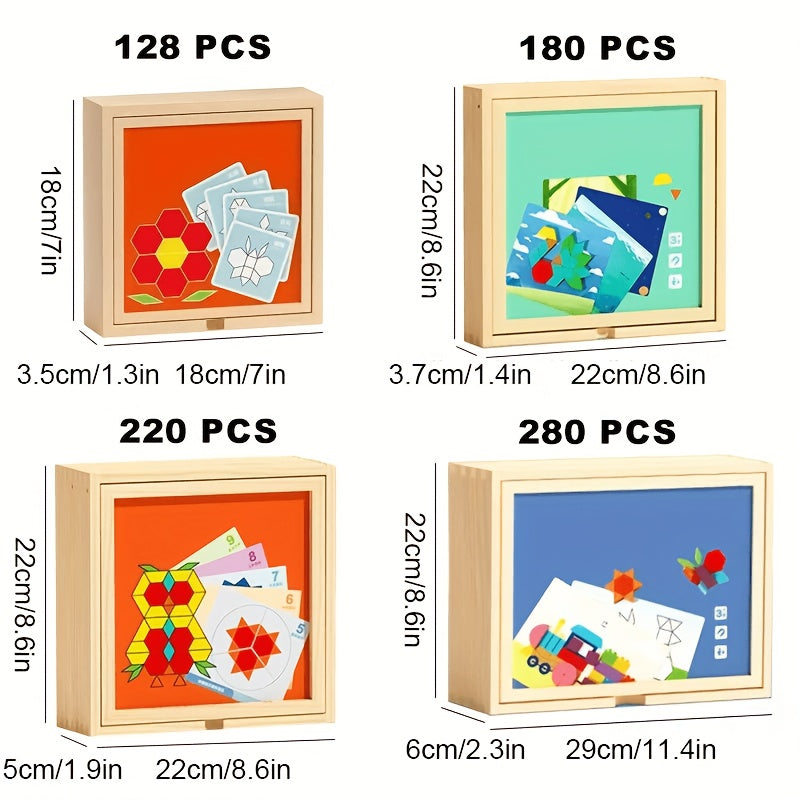 Magnetic Wooden Puzzle for Kids Ages 3-8 – Creative Geometric Shape Building Blocks STEM Educational Toy 128-280 Pieces