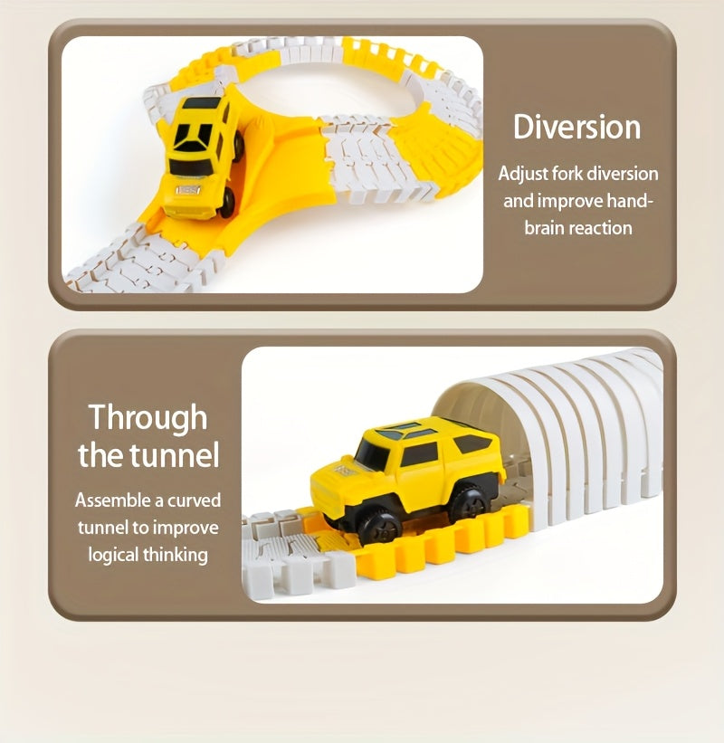 Kids Electric Track Car Toy Set Engineering Race Track with Elevated Bridge Tunnel Roller Coaster Scene Building Assembly – Birthday Gift Boys Girls Ages 3-8