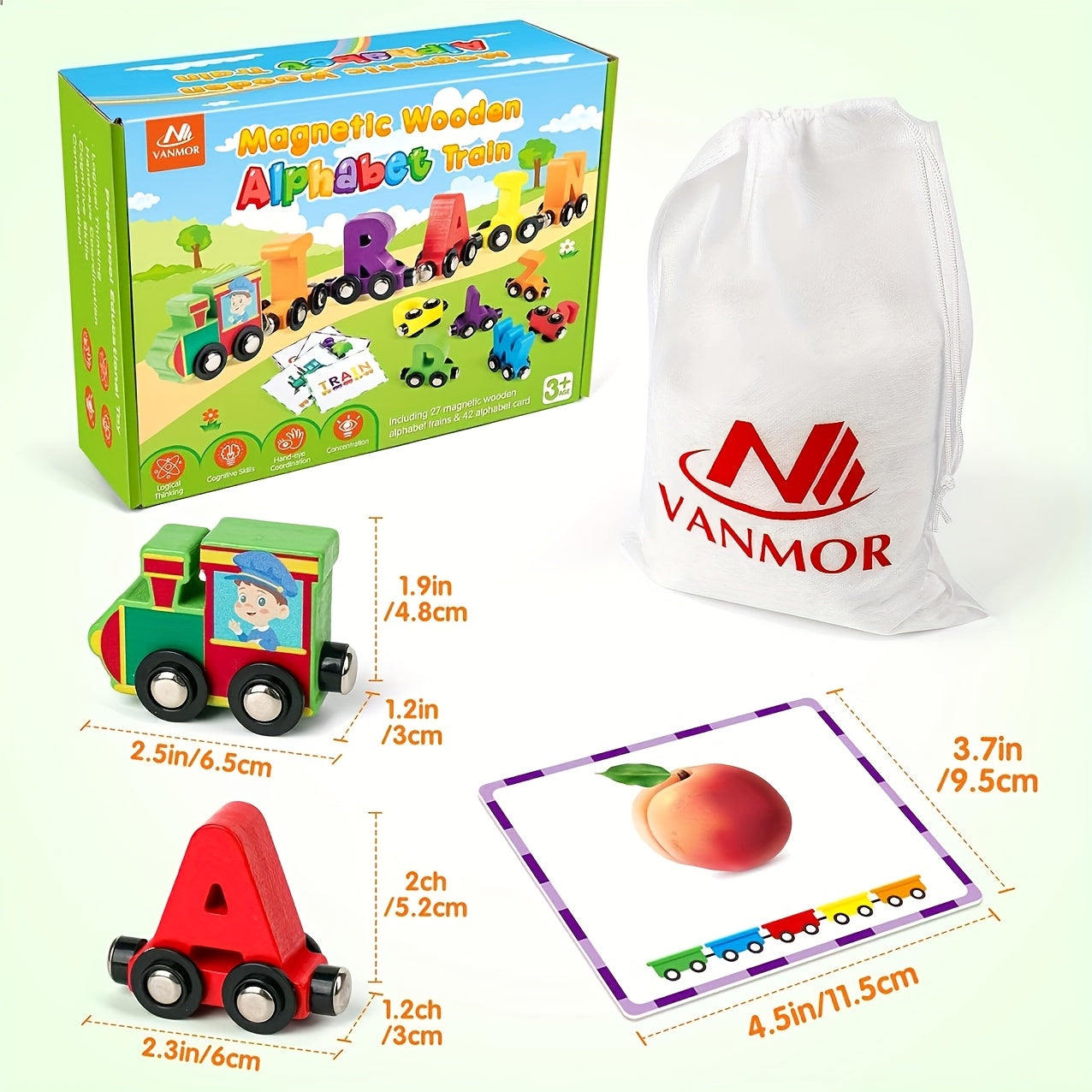 Magnetic Wooden Alphabet Train Set 27pcs – ABC Letter Learning Toy with 42 Flash Cards Engine Storage Bag – Educational Toy for Kids Boys Girls Ages 3 4 5 6