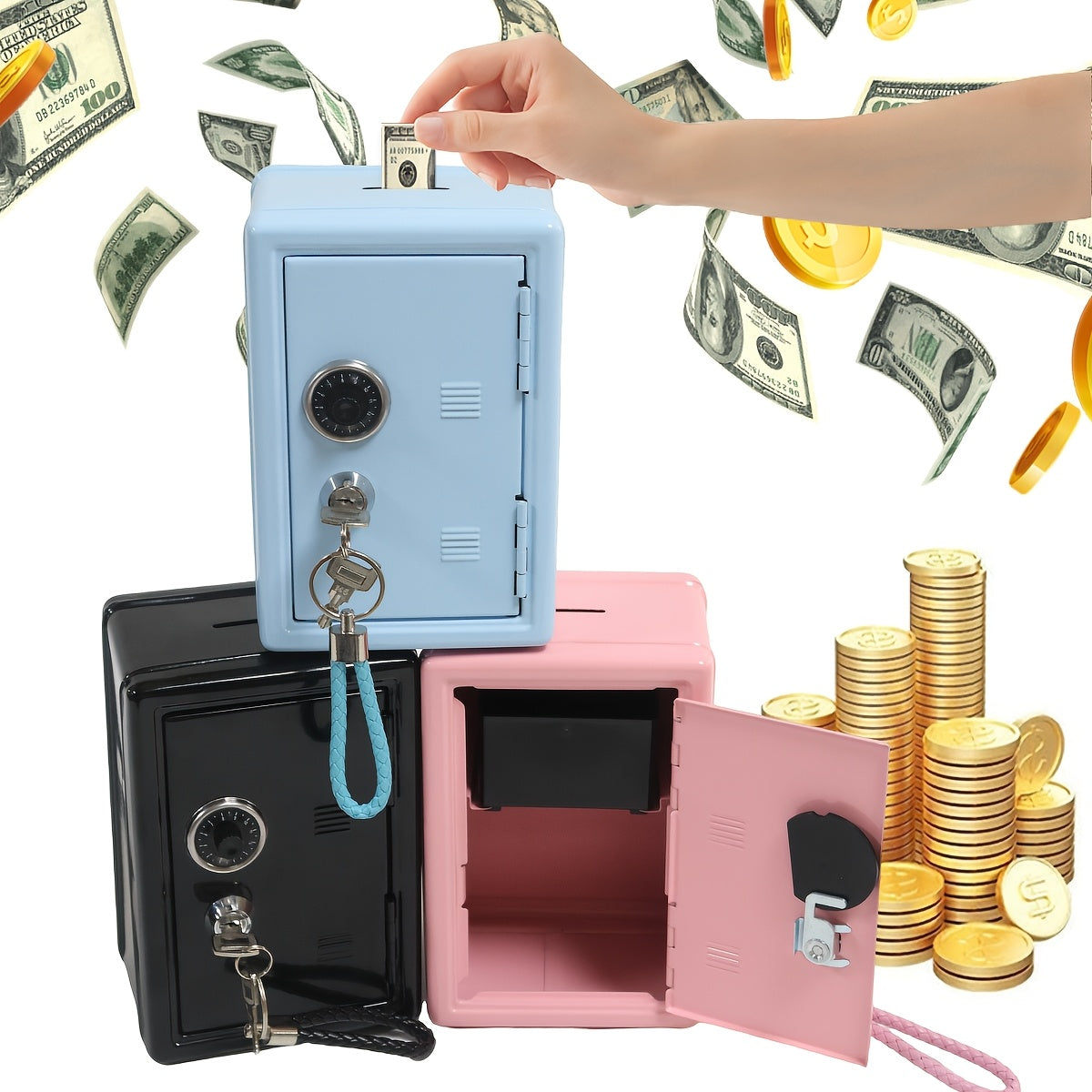 Metal Coin Bank with Lock & Key – Secure Cash Storage Box Piggy Bank with Combination Lock & Removable Drawer, Kids & Adults