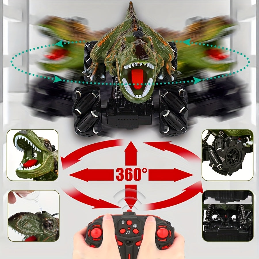 4WD Dinosaur Monster Truck RC Car with LED Lights Music & Ergonomic Handle - 2.4GHz All-Terrain Off-Road Remote Control Stunt Car Large Tires for Kids Boys Girls Birthday Gift