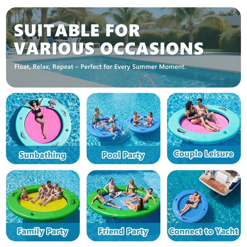 Inflatable Water Hammock, Sun Chill 6FT 8FT 10FT Round Floating Platform with Cup Holders and Pump for Lake Trips and Summer Pool Parties