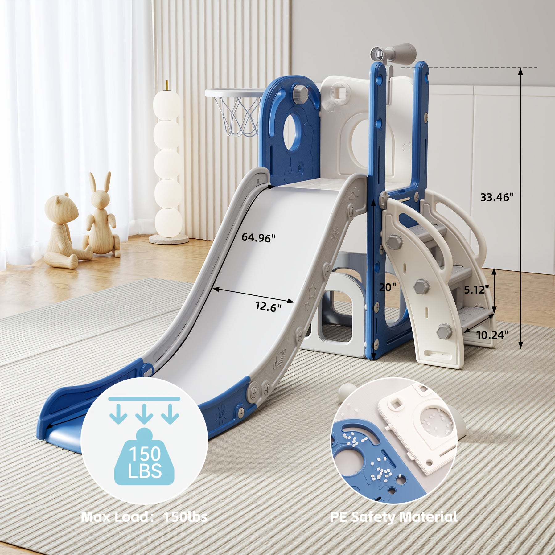 Toddler Slide and Climber Playset Indoor Outdoor for Boys Girls Ages 1.5-6 - L-Shaped Playground with Basketball Hoop Storage Telescope, Easy Assembly Kids Slide Set, Birthday Christmas Gift