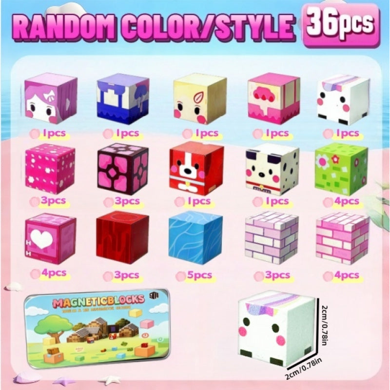 36pcs Mini Travel Magnetic Building Blocks in Tin Box - Sensory Educational Toy for Boys & Girls Ages 3+, Birthday Christmas Gift, Random Colors