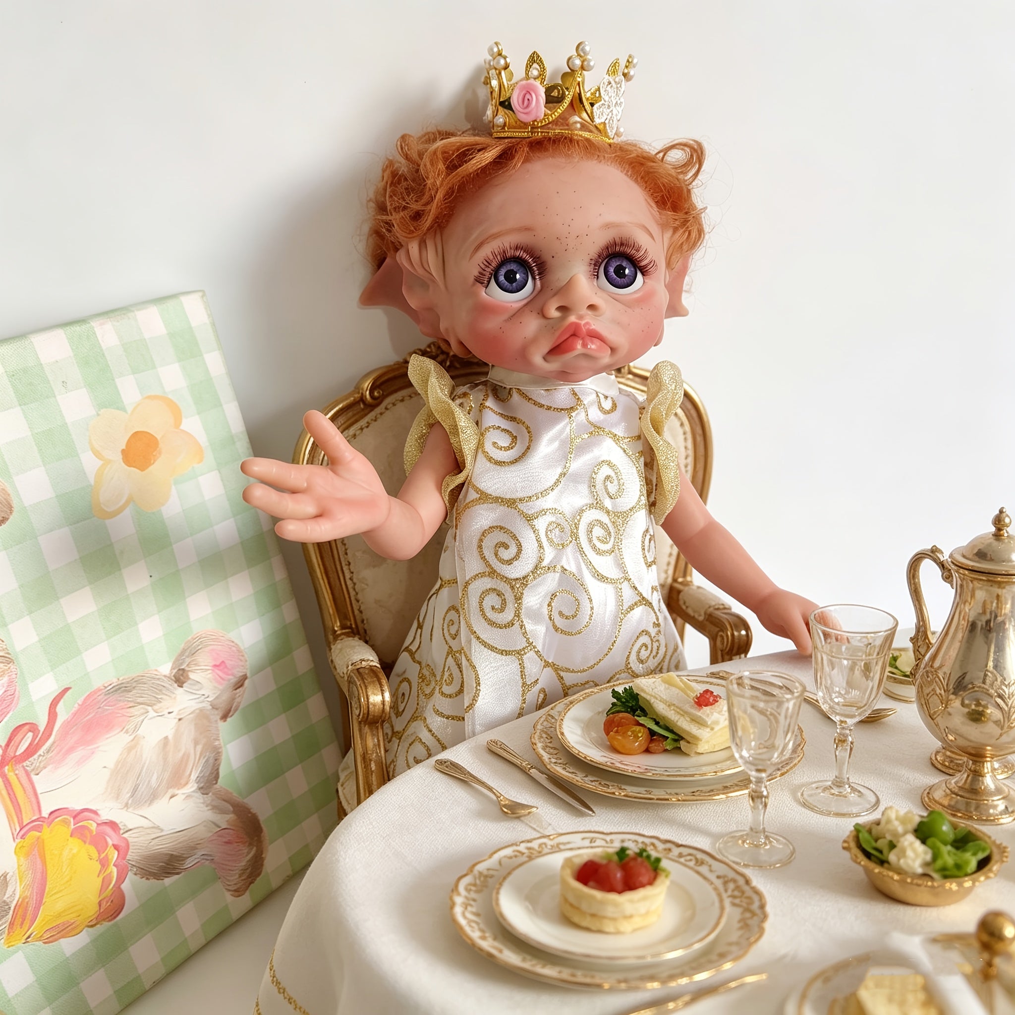 Fairy Elf Reborn Doll 15 Inch Fully Hand Painted Soft Vinyl – Poseable Bathable Rooted Hair Collectible Art Doll with Crown Halloween Christmas Easter Birthday Gift