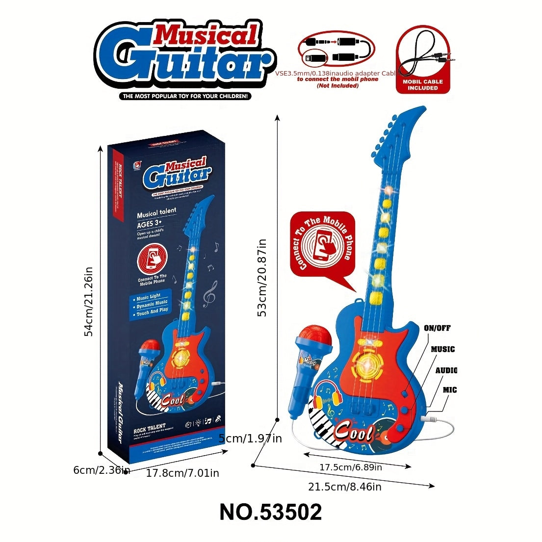 Kids Electric Guitar Toy with Microphone & Lights - Musical Instrument Toy for Toddlers Ages 3-8, Light Up Sound Guitar for Boys Girls Birthday Christmas Gift