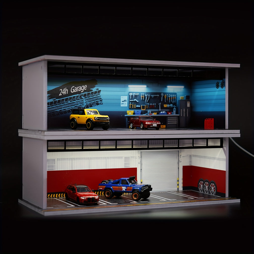 Diecast Display Case 1/64 Scale with LED Light & Acrylic Cover, 6-Space Parking Garage Diorama for Die-Cast Model Cars, Collector Showcase Gift for Car Enthusiasts