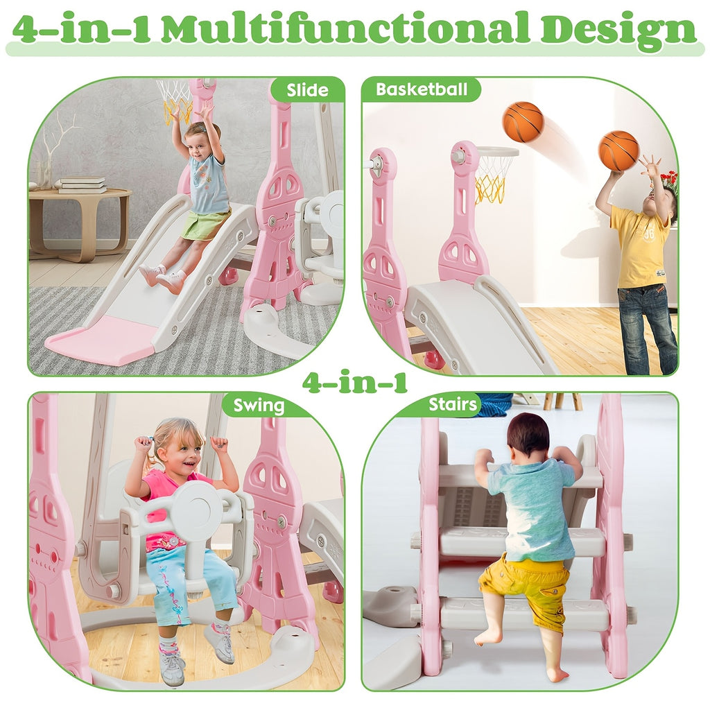 4-in-1 Toddler Slide and Swing Set with Climber Basketball Hoop Indoor Outdoor Backyard Playset for Kids Ages 1-3