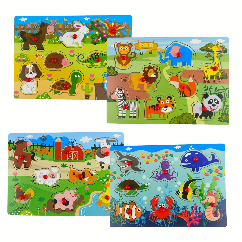 Wooden Peg Puzzle Set of 4 for Toddlers – 32 Pcs Knob Puzzles Farm & Zoo Animals, STEM Learning Toy, Christmas Halloween Gift for Kids Ages 1-3