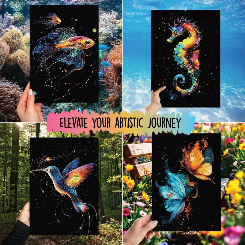 Scratch Art Book for Adults with Animal Designs, 10 A4 Foil Engraving Pages for Relaxing Screen-Free Crafts and Wildlife Art Gifts