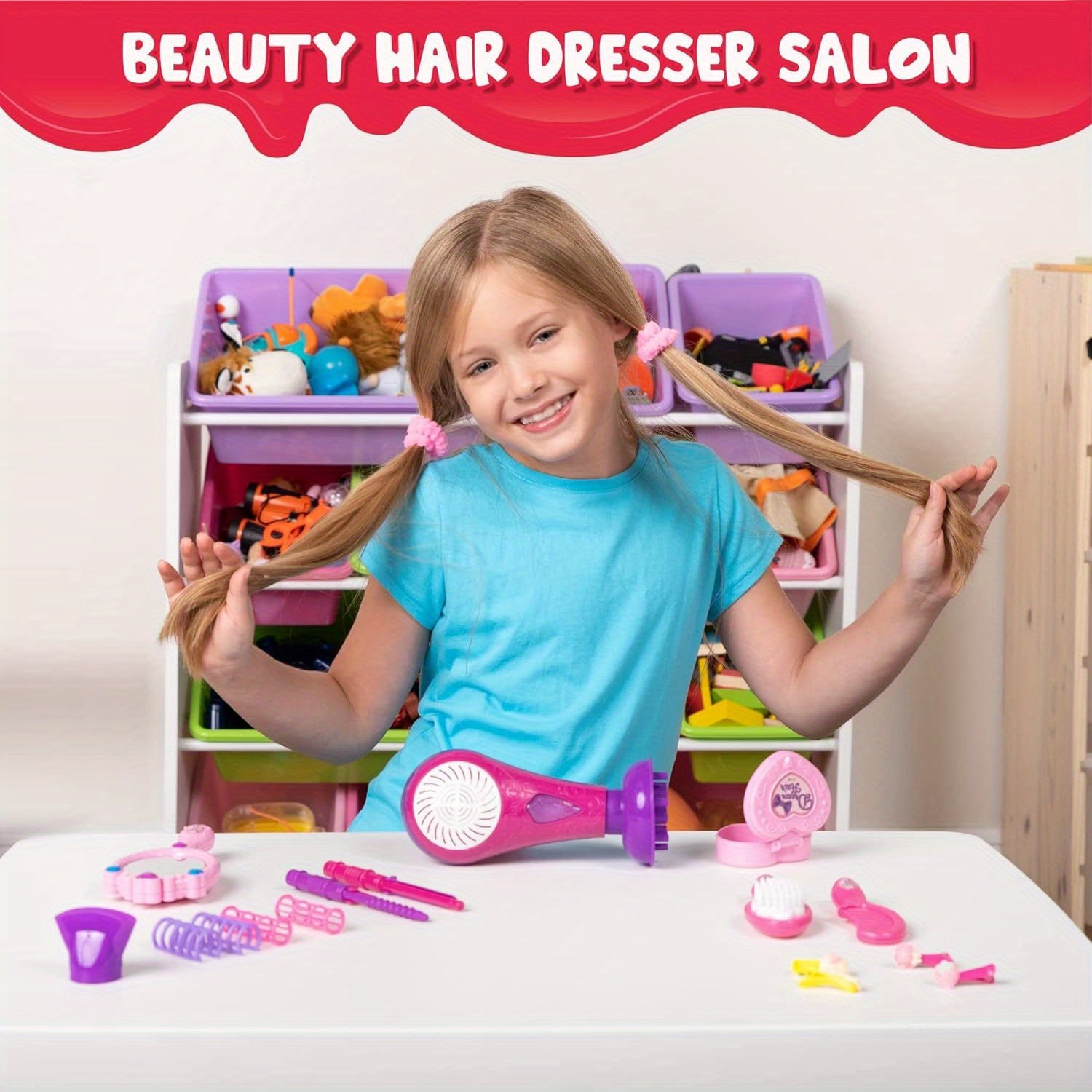 Girls Beauty Salon Set 17pcs Pretend Play Hair Stylist Toy Kit with Hairdryer Mirror Curling Iron Kids Ages 3+ Birthday Christmas Gift