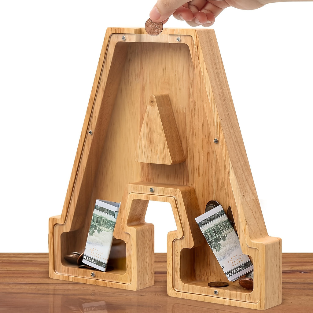 Wooden Alphabet Piggy Bank Money Jar – Large Personalized Letter Coin Savings Bank, Kids & Adults Christmas Birthday Gift, 26 Models A-Z