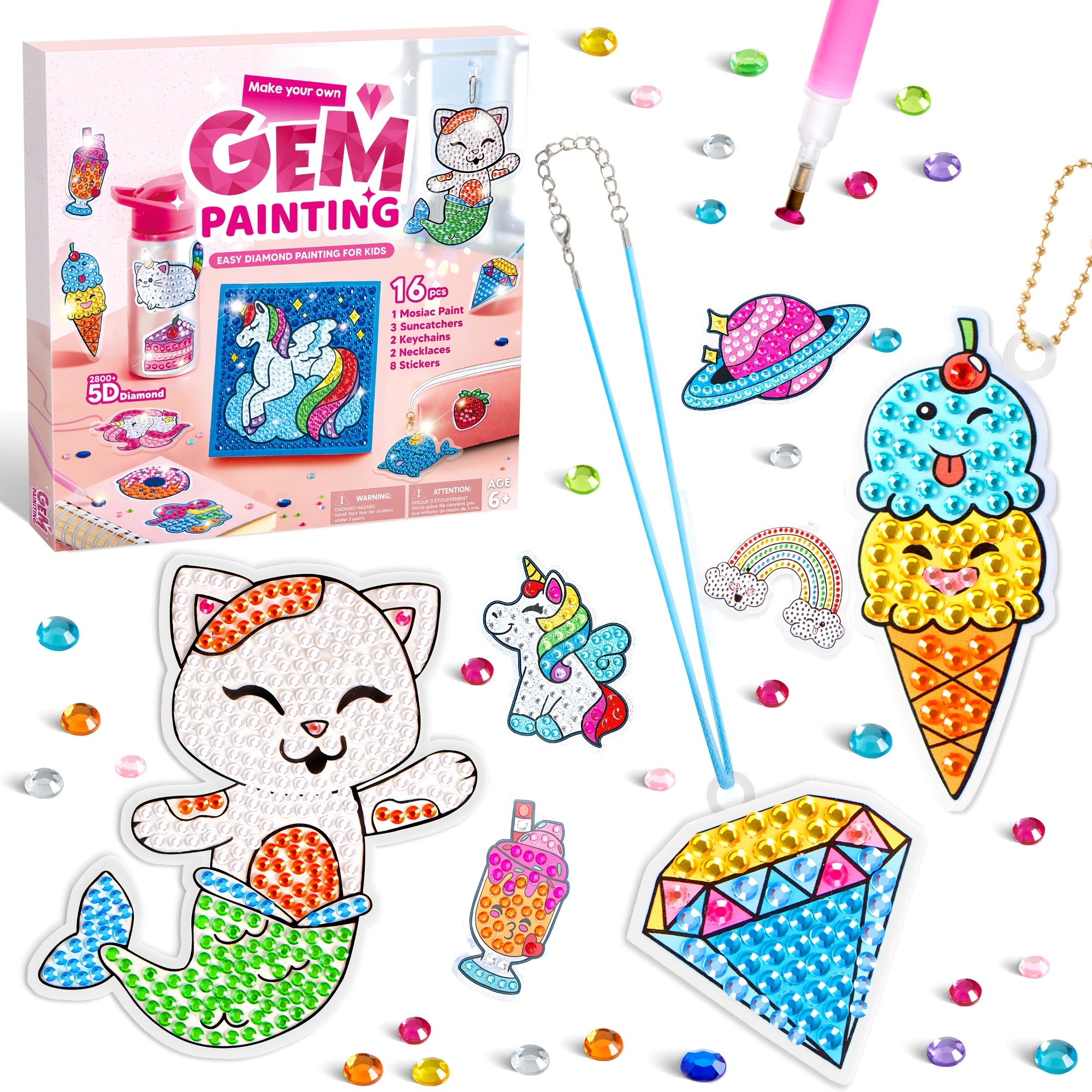 Gem Painting Kit for Kids 16 Projects 5D Diamond Art Craft Set with 2800+ Gems Suncatchers Keychains Necklaces Stickers Gift for Girls Ages 6+ Birthday Christmas Easter