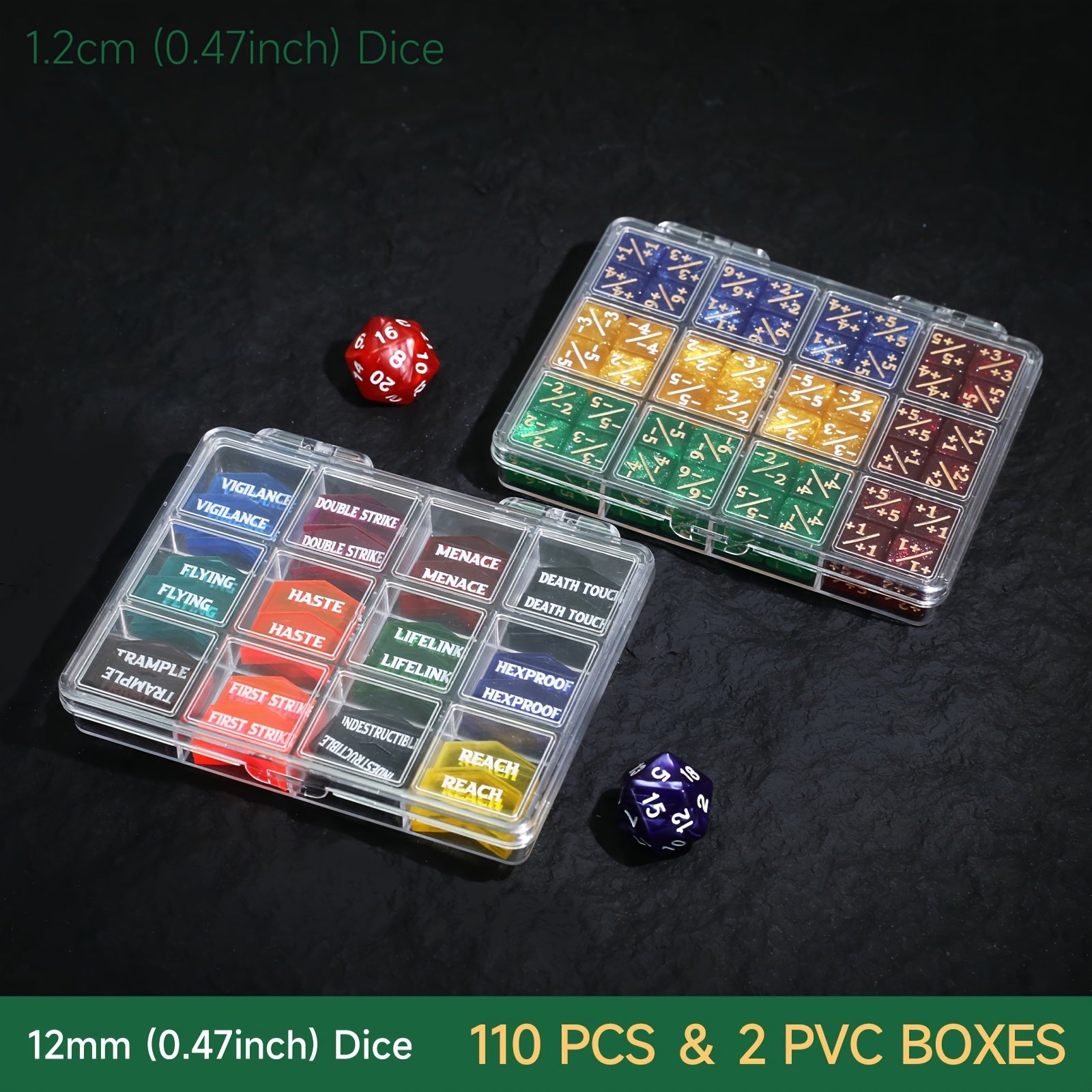 110pcs MTG Counter Dice Set Plus 1 Minus 1 Tokens D20 Keyword Counters 12mm 6-Sided Dice for Magic the Gathering TCG Card Game Accessories Gift