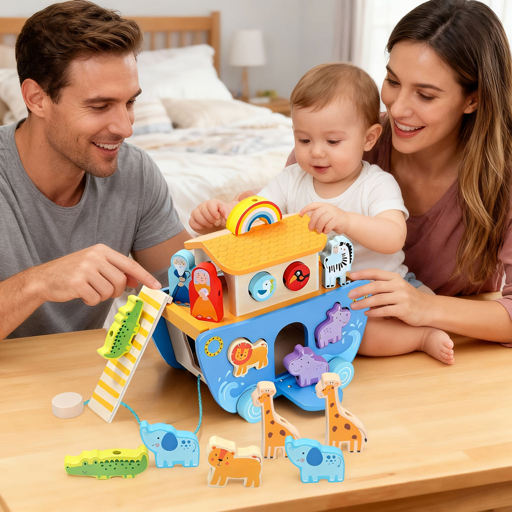 Wooden Noahs Ark Toy for Toddlers Ages 1-3 - Animal Shape Sorter Learning Toy with Wooden Animal Figures, Early Development Educational Toy, Baptism Birthday Christmas Gift for Boys Girls