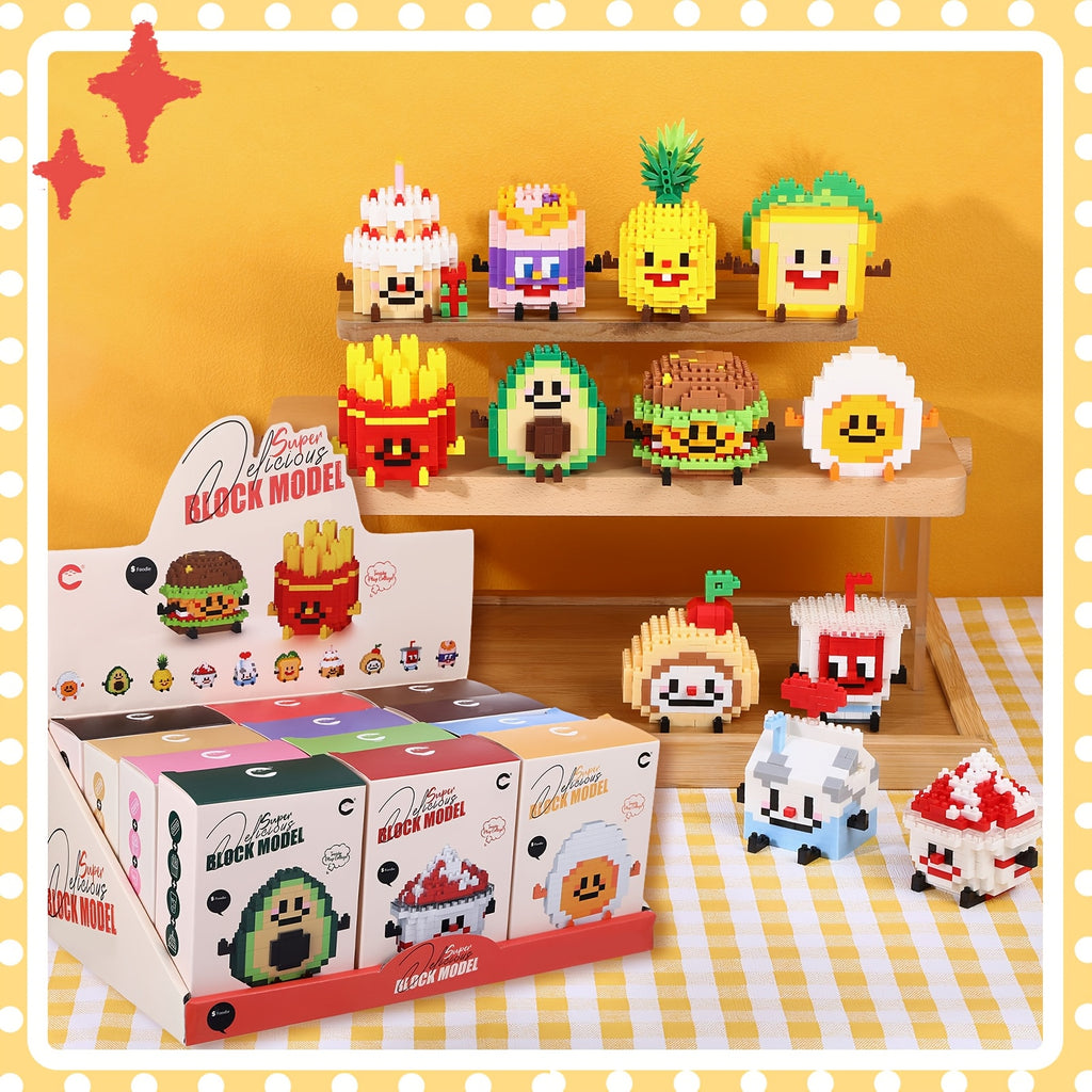 Cartoon Food Building Block Puzzle 12 Sets Gift Box - Cute Mini Food Figures for Kids Ages 3+, Party Favors Classroom Prizes Collectibles, Christmas Birthday Easter Gift for Boys Girls