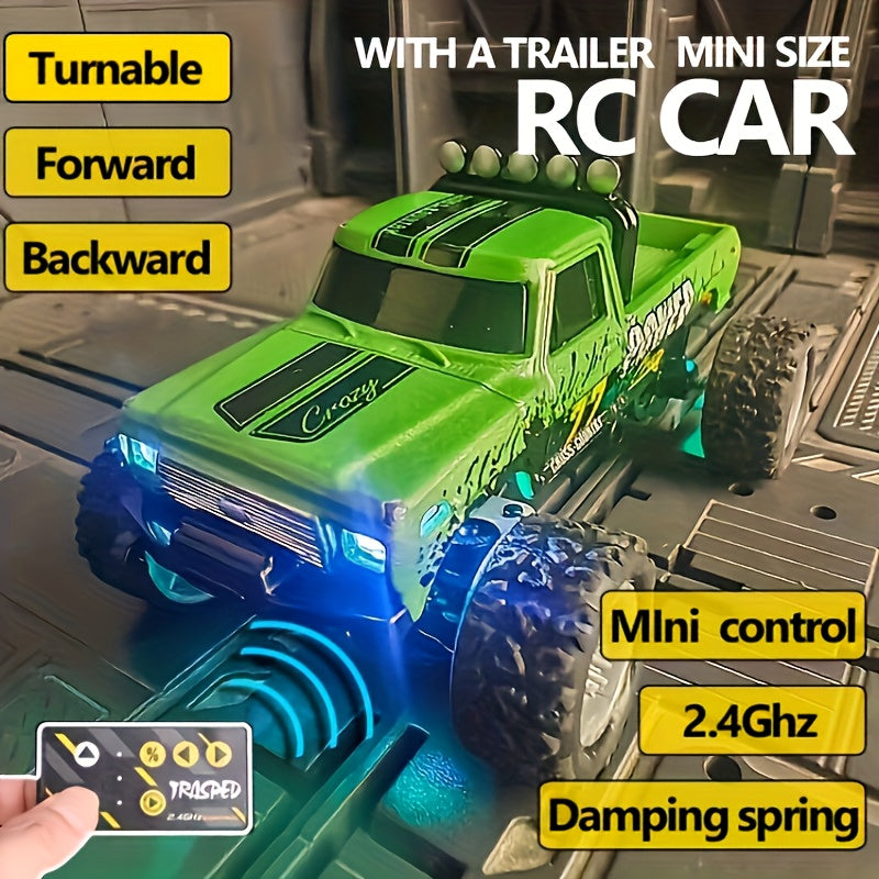 1:64 Mini RC Alloy Monster Truck with Trailer - 2.4GHz Off-Road Pickup Rock Crawler, Body Lights & Headlights, Tabletop Decor, Birthday Christmas Gift for Boys