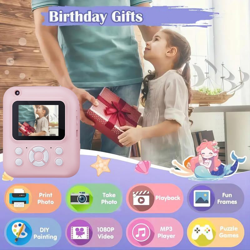 Kids Instant Print Camera 3-in-1 with MP3 Player & Puzzle Games - 2.4'' HD Screen Portable Digital Camera Toy with Print Paper 32GB Card Reader Lanyard Storage Bag Birthday Gift for Girls Boys