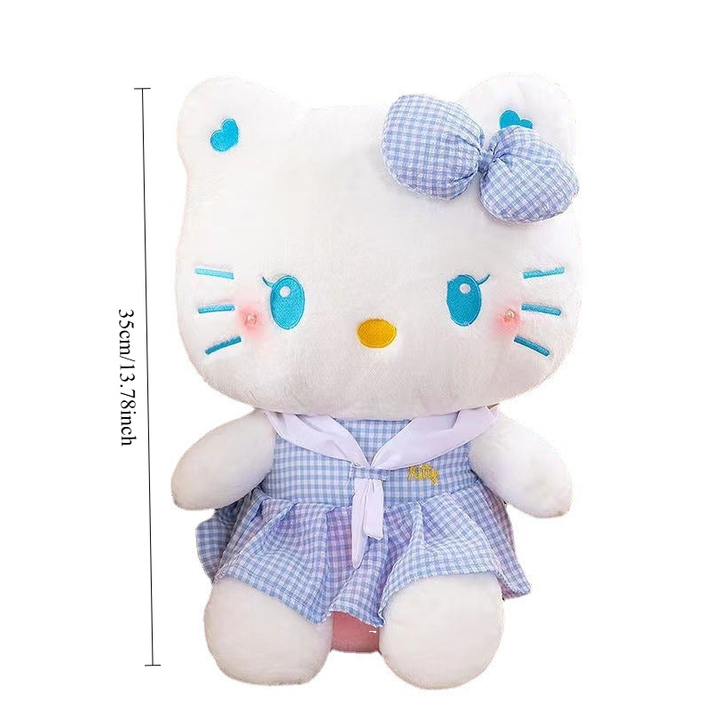 Hello Kitty Dress-Up Plush Stuffed Toy 13.78 Inch – Oversized Sanrio KT Cat Soft Doll, Home Decor Plushie, Birthday Gift for Girls, Pink Plaid & Blue Plaid