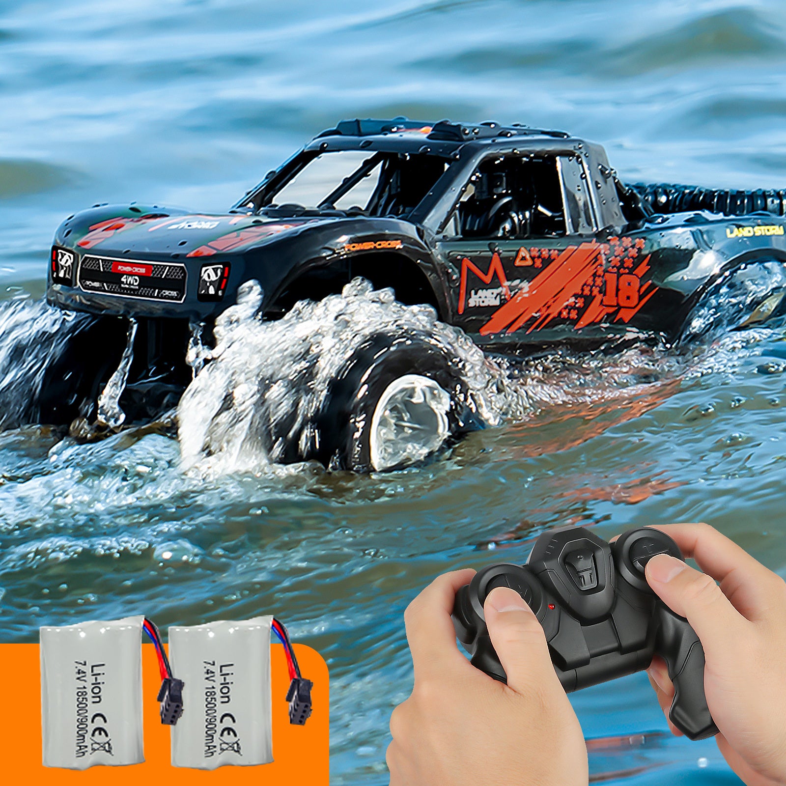 Amphibious RC Monster Truck 1:16 Scale 4WD Waterproof - 2 Rechargeable Batteries, All Terrain Off-Road RC Car for Kids Boys Ages 4-7, Birthday Gift