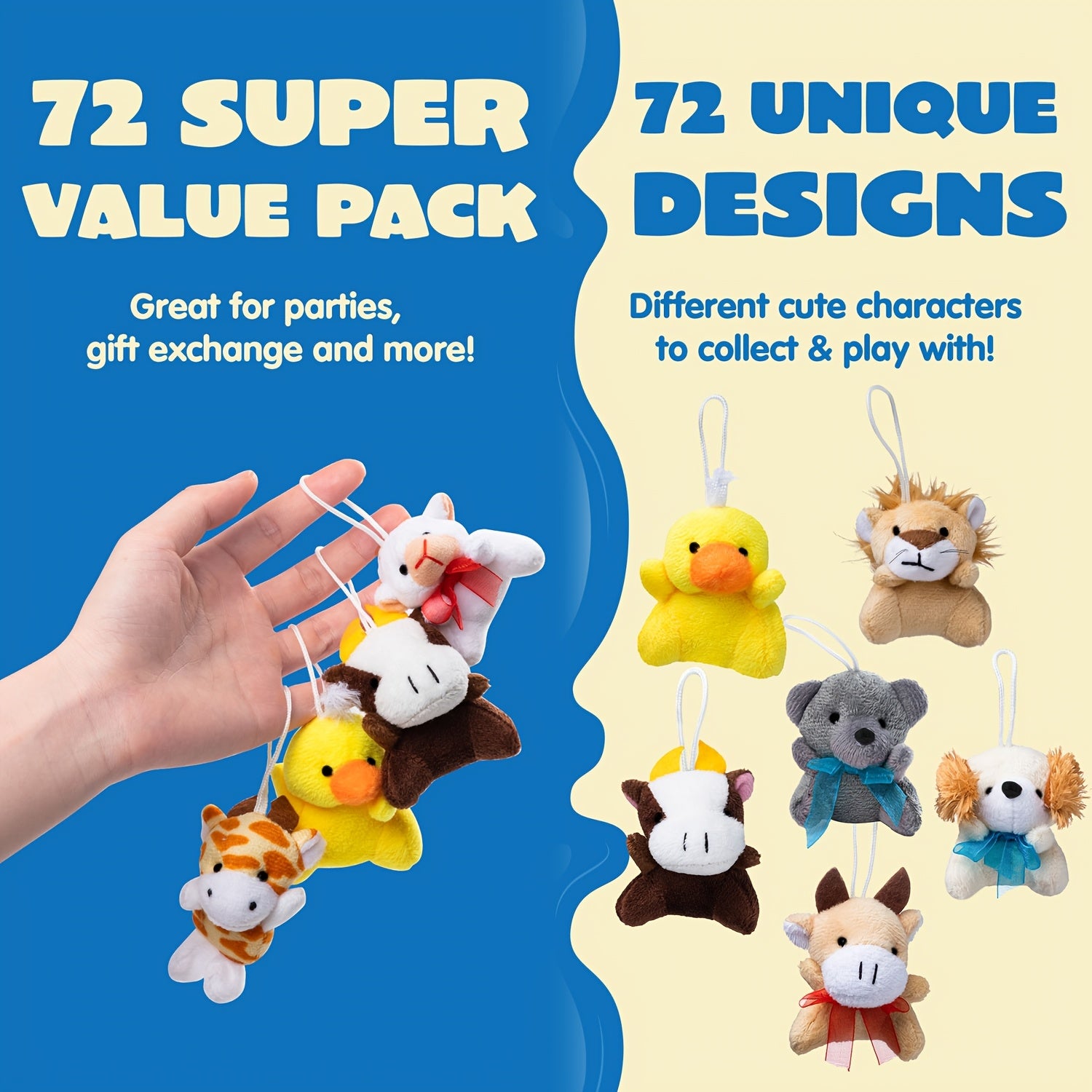 72 Pack Mini Plush Animals Bulk Assortment – 72 Unique Designs 2.5-3 Inch Stuffed Animal Figures with Hanging Loop, Carnival Prizes, Party Favors, Classroom Rewards, Stocking Stuffers