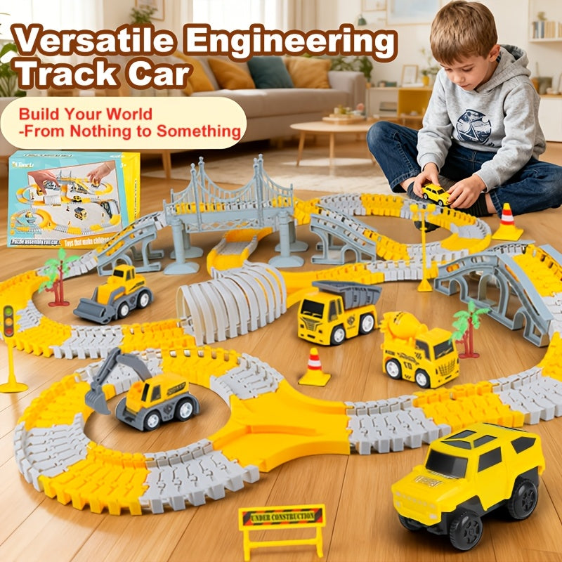 Kids Electric Track Car Toy Set Engineering Race Track with Elevated Bridge Tunnel Roller Coaster Scene Building Assembly – Birthday Gift Boys Girls Ages 3-8