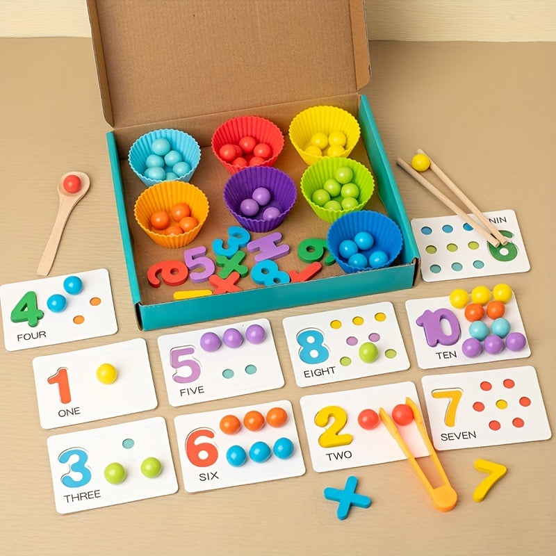 Colorful Wooden Bead Counting Set with Tweezers, Number Puzzle & Matching Cards – Fine Motor Skills Toy for Toddlers, STEM Learning Gift for Kids Ages 3+